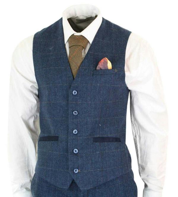 House of Cavani Mens 3 Piece Navy Blue Tweed Herringbone Vintage Classic Suit
