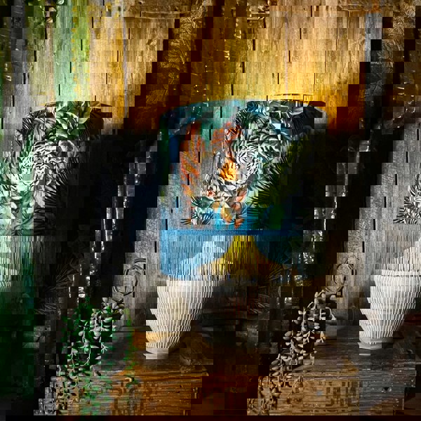 Big Cat Flint Lampshade with Gold Lining and Blue Fringing - 14" x 10" - Light On