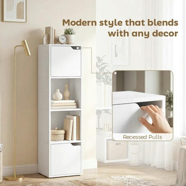 Narrow Bookcase, 4-Tier Bookshelf, Storage Cabinet with doors for Living Room, Bedroom, White