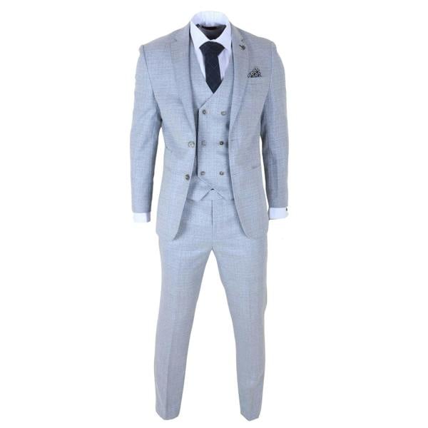 Infinity Leather Men's Light Blue Plaid Check 3 Piece Slim Fit Formal Wedding Suit