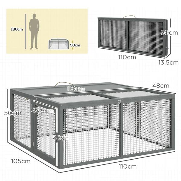 Grey folding rabbit hutch for 2-3 rabbits, wire mesh enclosure with side doors