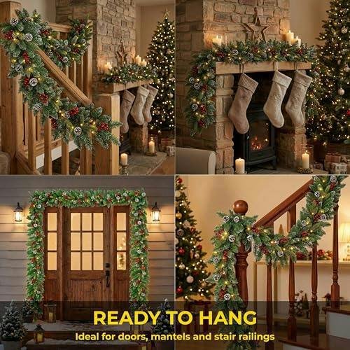 2m Green Pre-Lit Christmas Garland with Warm White LEDs, Berries, Pine Cones and Frosted Tips image 6