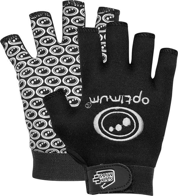 Pair of black Optimum Stik Mits fingerless rugby gloves with white logo and grip-pattern palm on white - Optimum