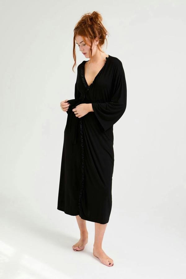 Bamboo Frill Kimono in Black - Wholesale - Robes