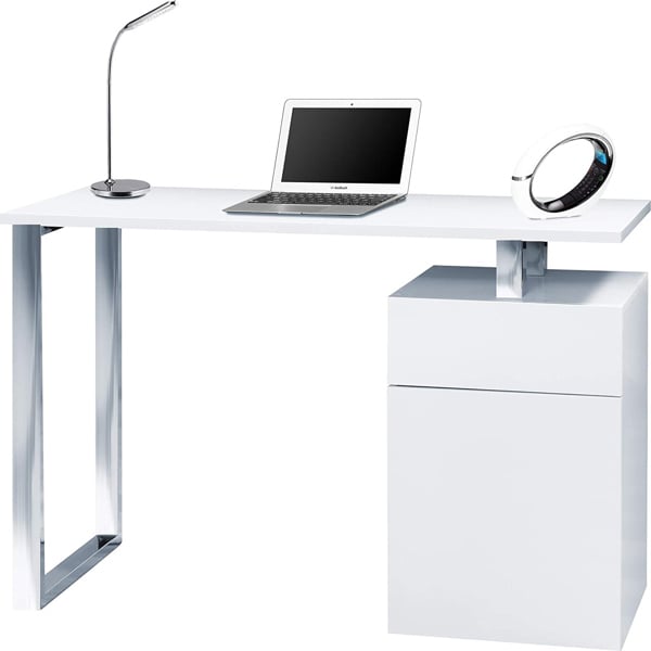 Homeology CALISTA Gloss White with Brushed Steel Legs Contemporary Home Office Computer Desk