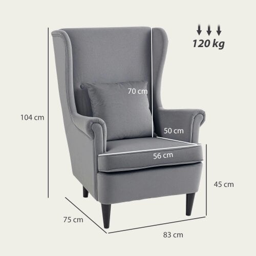 Wyld Haus Harire Grey Velvet Wingback Accent Chair With High Back Pillow And Wooden Legs