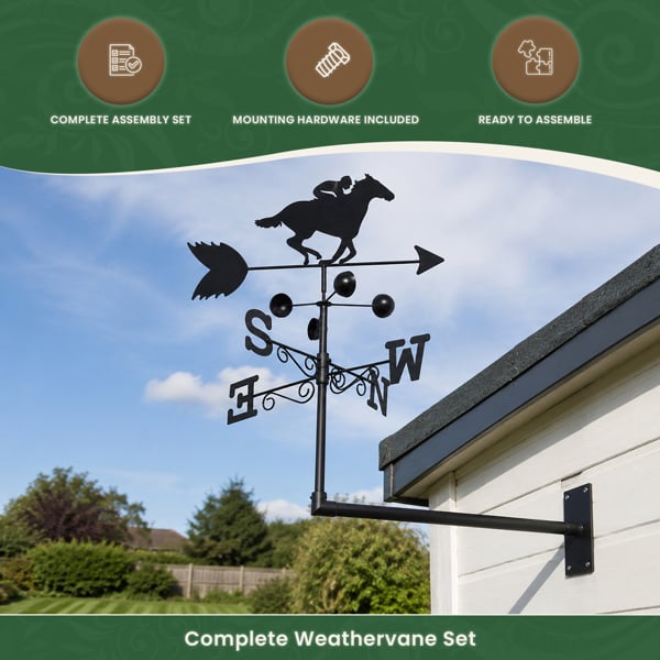 Horse Racer Steel Weathervane with Ground Spike and Wall Fixing, Black Outdoor Wind Direction Ornament with Wind Speed Cups