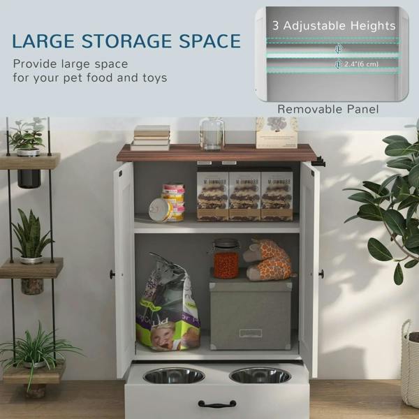 White pet feeding station with open storage cabinet and raised bowl area with adjustable panel