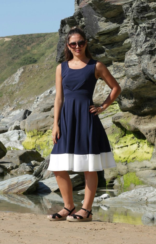 Frock Tales Isabella Dress - Navy And White With Contrast Stitch