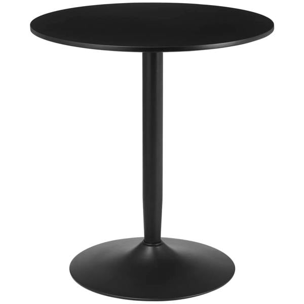 Black round dining table with central pedestal and wide circular base