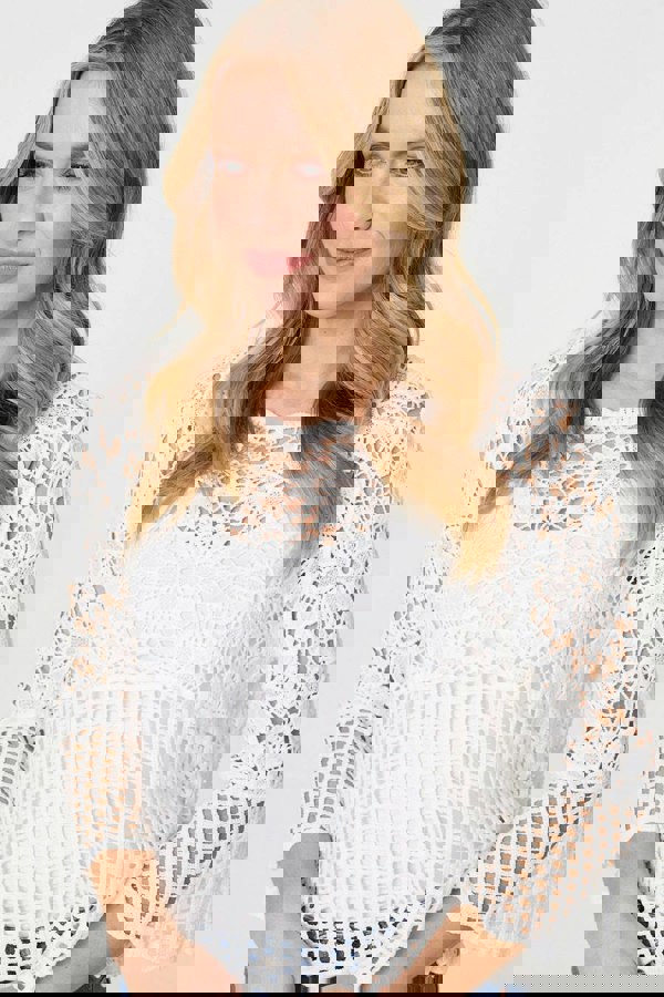 White | Semi Sheer Crochet 3/4 Sleeve Crop Top
