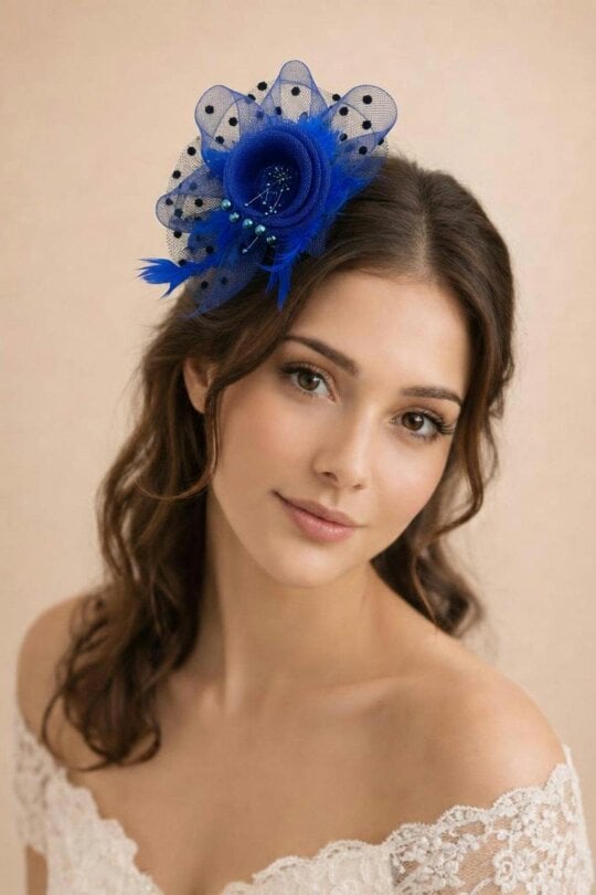 SVNX Rosette Faux Pearl & Polka Veil Feather Fascinator in Blue