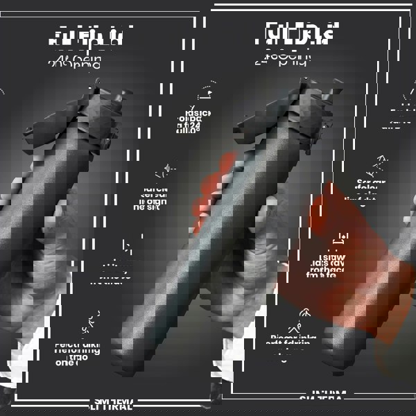 A dark gray water bottle with a flip lid is held. The lid opens 240°. The bottle is slim and thermal.