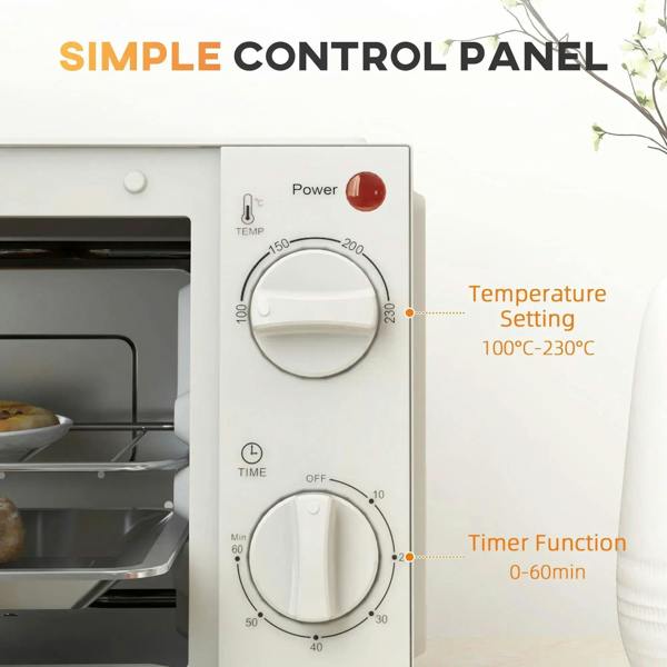 Cream mini oven control panel with temperature and timer knobs