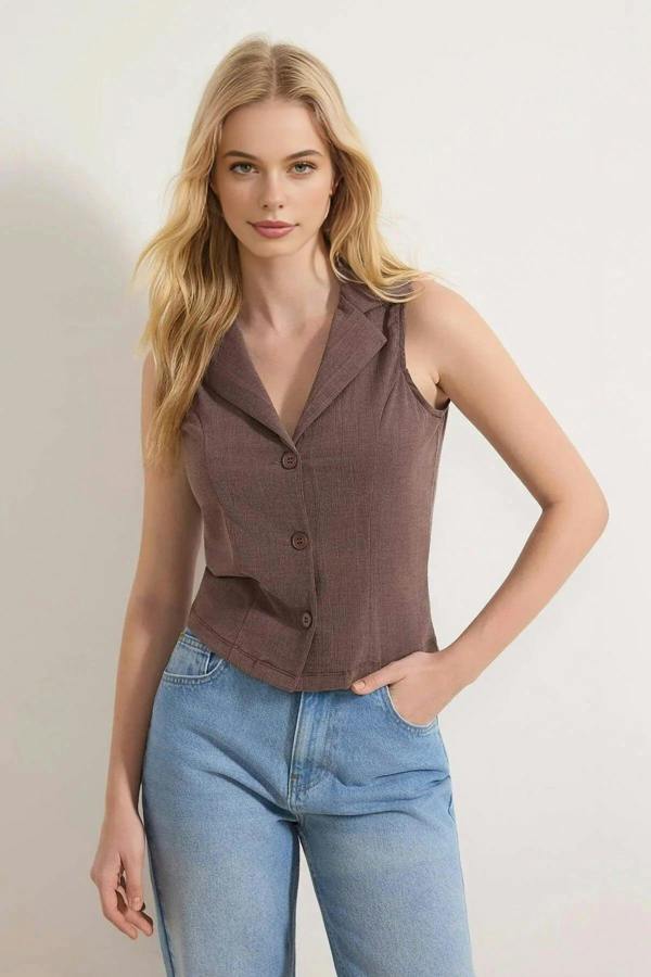 WOVCOR Fitted Shirt Collar Buttoned Jacquard Knit Blouse