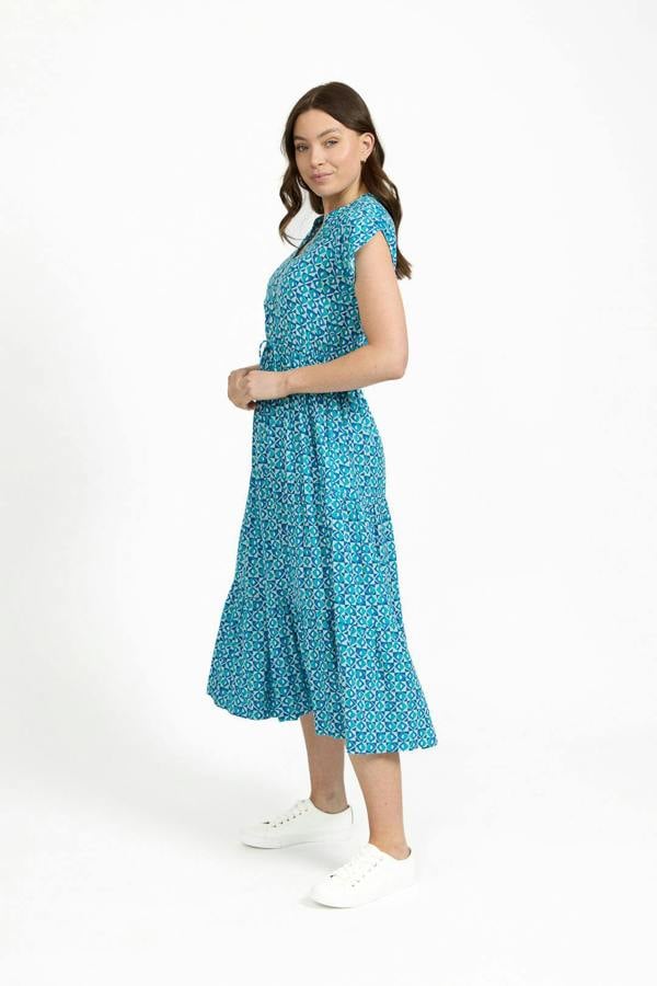 Mudflower Geometric Print Tie Front Midi Dress