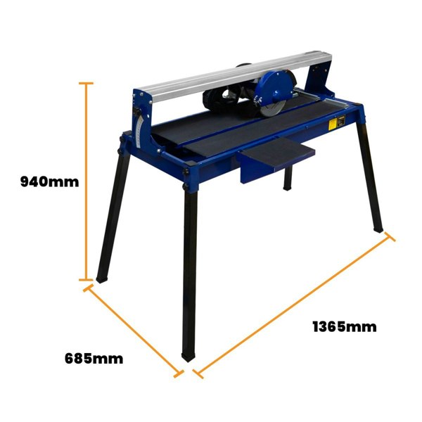 Wet tile cutter bench with a blue metal frame, 720mm cutting capacity, adjustable height, and sturdy black legs for stability