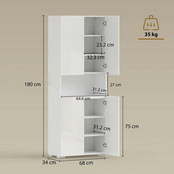 180 cm Tall Kitchen Cupboard, Pantry Storage Cabinet with Soft Close Doors and Adjustable Shelves, High Gloss White
