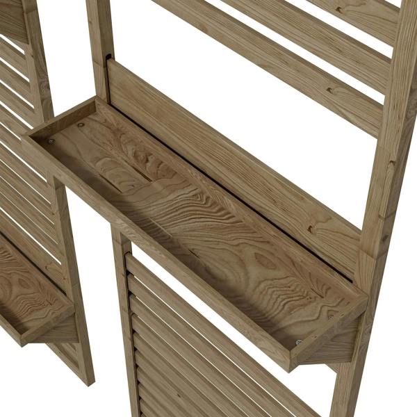 Fir wood wall-mounted plant stand corner with slatted trellis and solid shelf platform