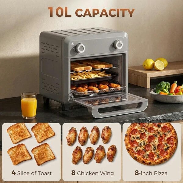 Bobobiy 10L Air Fryer Oven, Mini Oven, Grill, Roast, Bake, with Adjustable Temperature, Timer, 1000W, Grey