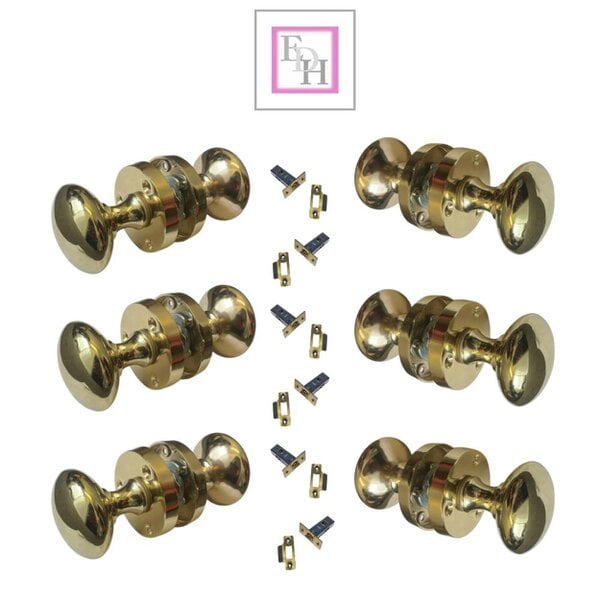 EDH Door Hardware Brass Door Knob Modern Round Rose Door Knob Brass Door Handles 6 Pairs + Latch