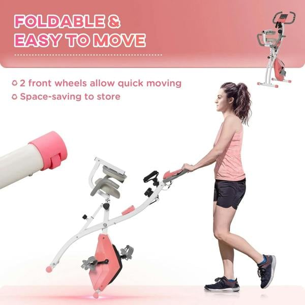 Foldable exercise bike with pink base covers and front transport wheels for easy moving