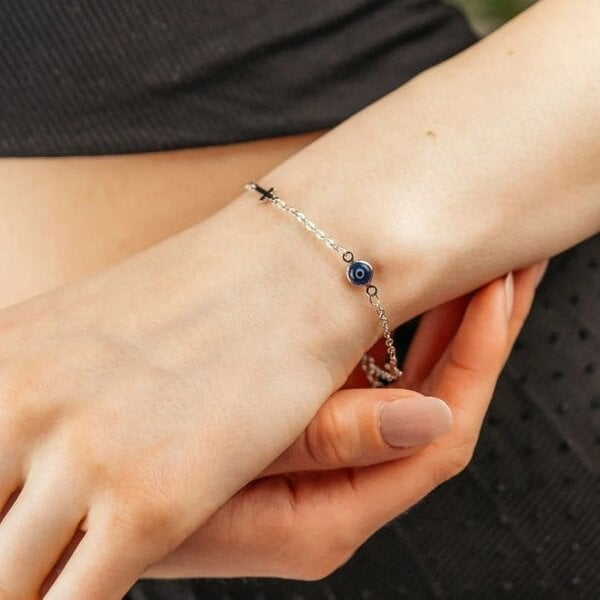 The Colourful Aura Gold and Silver Evil Eye Cross Christian Charm Protection Bracelet - Silver
