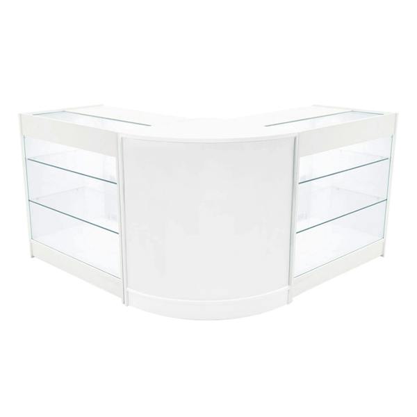 White Helios LED shop counter set with two K900 display cases, featuring glass shelves and a sleek, modern design