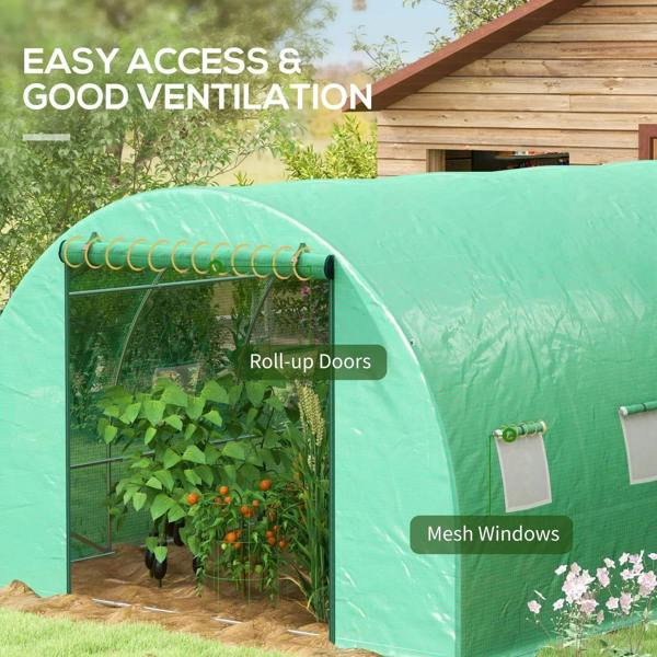 Green polytunnel greenhouse end with roll-up door and mesh windows