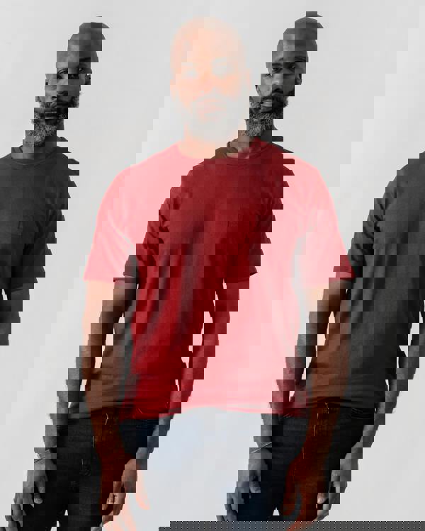 Model wearing BOSS Orange Tales Mens Cotton-Jersey T-shirt With Logo Patch in Dark Red 605 - Main