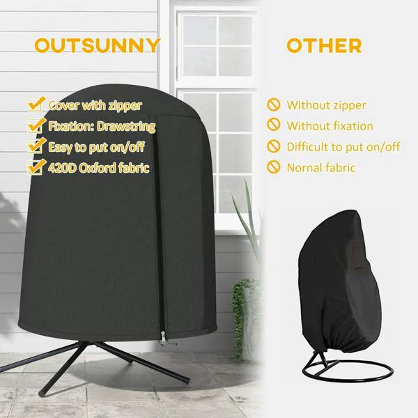 Black egg chair cover with arched canopy, zip closure, and tripod base legs