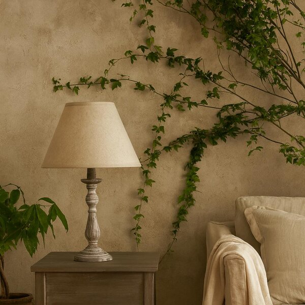 Wyld Haus Blesle White Washed Turned Wooden Pedestal Table Lamp With Cream Linen Shade
