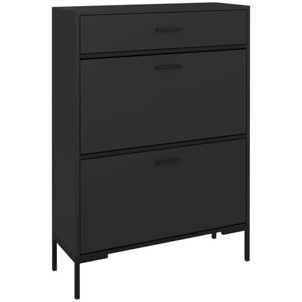 Black slim shoe storage cabinet with three drawers and angled legs