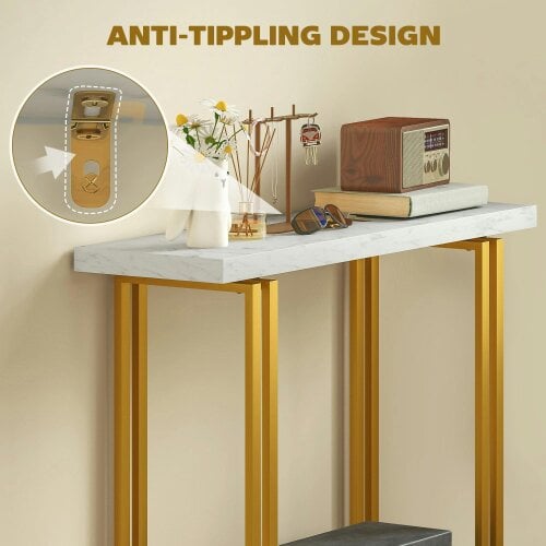 Wyld Haus Mahota Metal And Faux Marble White Slim Entryway Console Table With Safety Bracing