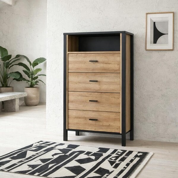 Wyld Haus Egtved Black and Natural Oak Wood Effect Chest of 4 Drawers