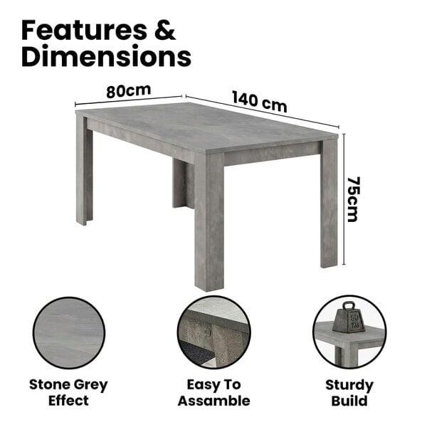 Kosy Koala Light Stone Grey Effect Dining Table Set with 4 Grey Velvet Chairs, 140x80x75cm
