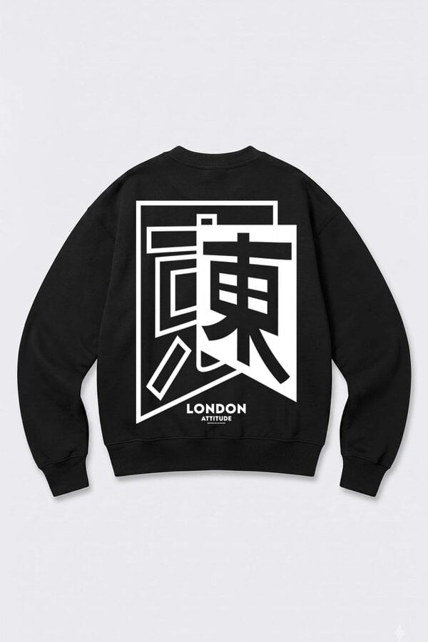 London Attitude Oversized Japanese Inspired Graphic Sweatshirt in Black