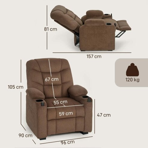 Bobobiy Electric Massage Recliner Armchair with Vibration, Whisper-Quiet Motor, Fleece Power Reclining Chair with Spring Pack, Brown