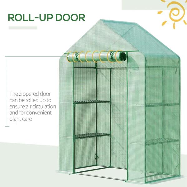 Green greenhouse with roll-up zippered door and two-tier metal shelves, PE cover
