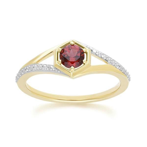 Gemondo Geometric Hexagon with Prong set Round Garnet and Diamond Ring in 9ct Yellow Gold