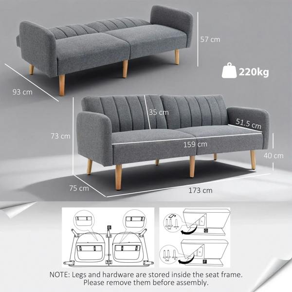 Grey sofa bed with adjustable split backrest in raised lounge position