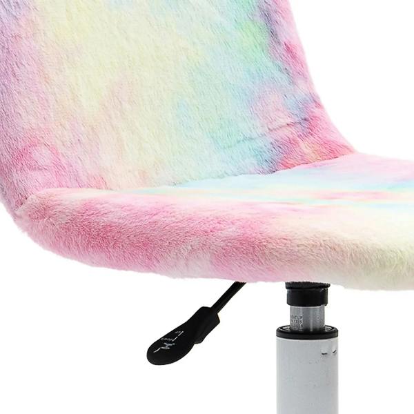 Fluffy rainbow unicorn chair seat with black lever and white swivel base