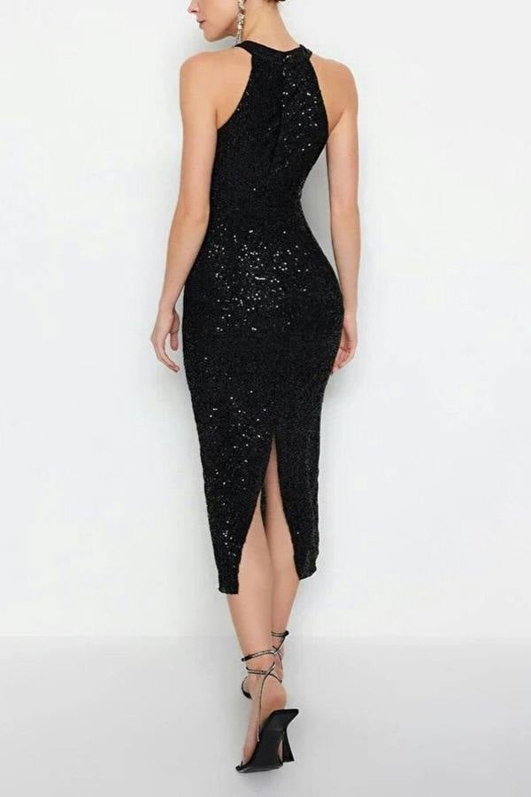 WOVCOR Lined Glitter Sequin Elegant Evening Dress