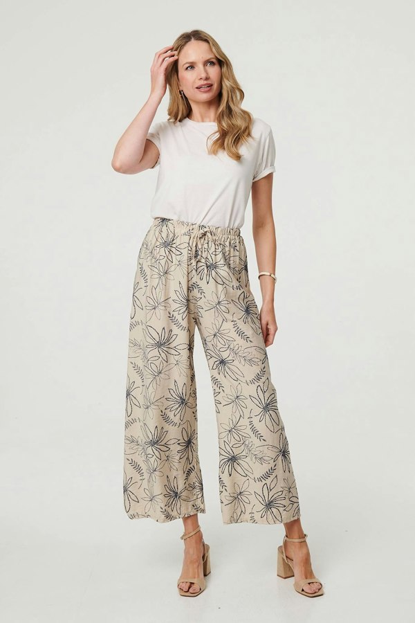 Navy | Floral High Waist Wide Leg Trousers
