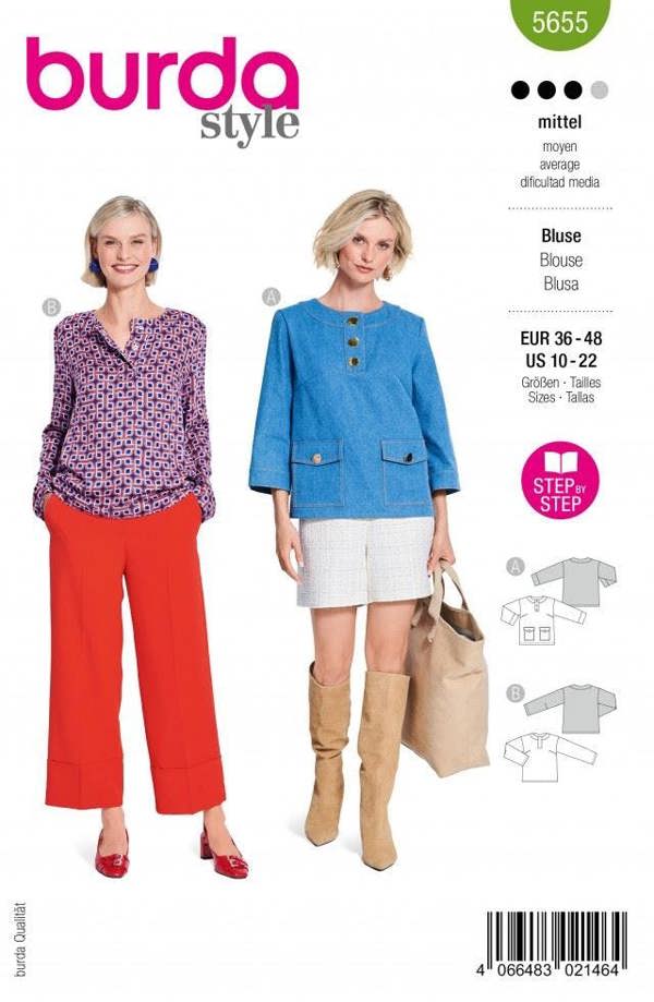 Burda Sewing Pattern 5655 Tops For Women, 10 to 22 - Intermediate