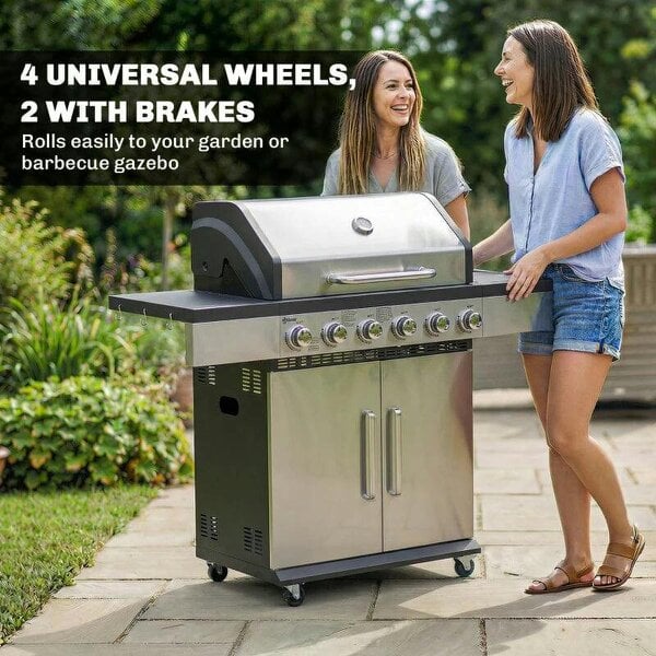 Bobobiy 6 Burner Liquid Propane Gas BBQ Grill, Outdoor Portable Gas Barbecue Grill with Warming Rack, Side Tables, Cabinet