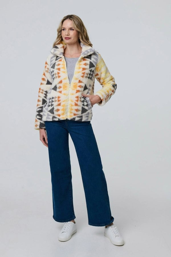 Cream | Aztec Print Relaxed Teddy Fur Jacket
