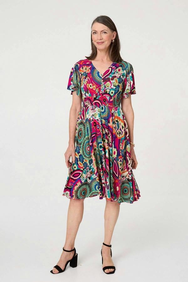 Pink | Abstract Print V-Neck Knee Length Dress