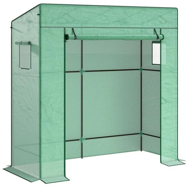 Green walk-in greenhouse with open front frame and mesh panels