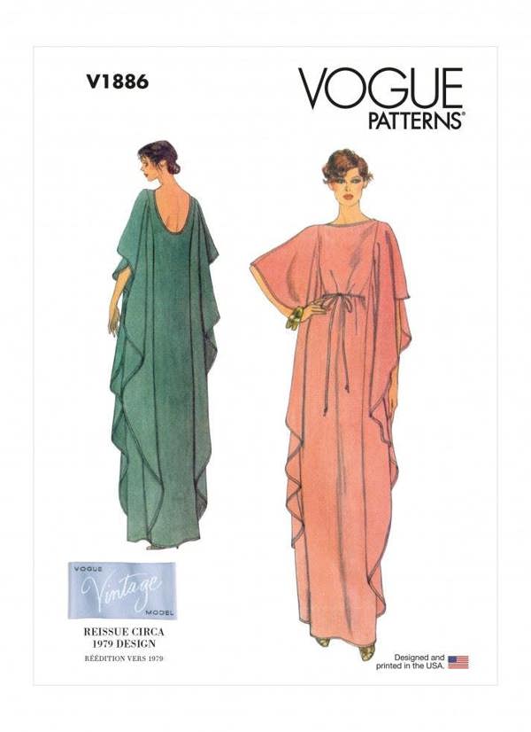 Vogue Sewing Pattern 1886, Caftans, Dresses, Vintage Style for Women, A (XS-S-M-L-XL-XXL) - Easy